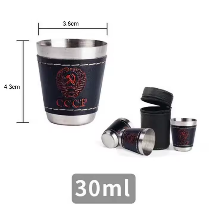 Juego de tazas VIE para exteriores de 75 ml, villa para acampar, taza de café portátil de acero inoxidable de cuero PU, vino, cerveza, whisky, 4 piezas. - 1