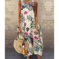 Vestido de Verano Floral Vestido Lanterna de Cuello Redondo de Lino y Algodón para Mujeres - details 6