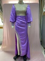 Vestido de mujer con manga de princesa, largo envuelto en el trasero, con cola y vestido de noche con dijes de salpicaduras doradas - details 8