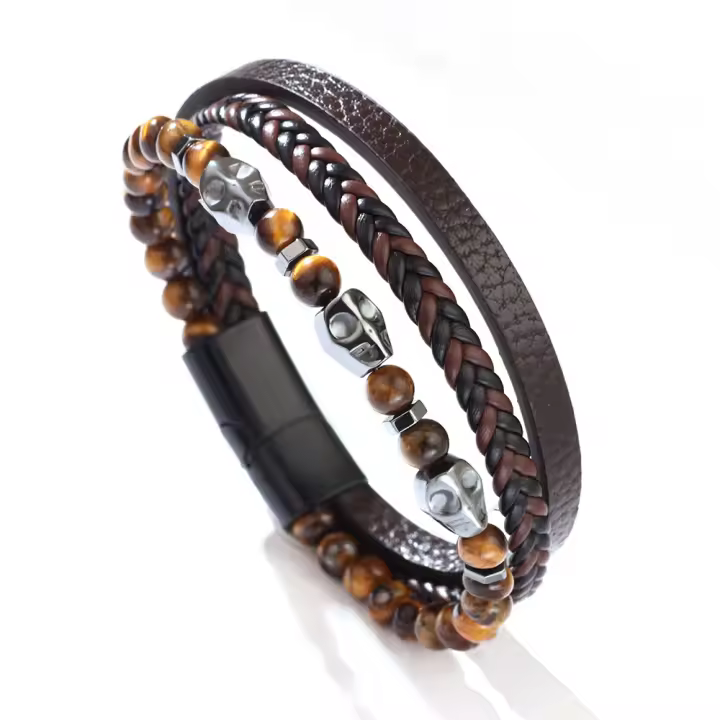 Pulsera de Shungit y Ojo de Tigre Tejida Multinivel Brazalete de Cuero PU con Calavera Retro Gótica - 1