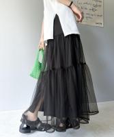 Falda larga de malla para mujer, falda de dos capas, línea A, color negro, blanco y verde, primavera y verano - details 4