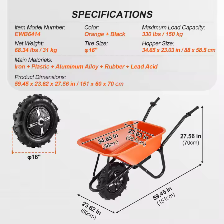 Carro de carretilla eléctrica SucceBuy: potencia de 500 W, 5 pies cúbicos. Pie. Capacidad, carga de 330 libras, ideal para jardines y granjas - 1