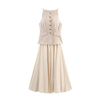 TRAFZA-Vestido Midi elegante de verano para mujer, vestido largo sin mangas con un solo pecho, diseño plisado empalmado, dobladillo acampanado, a la moda - details 1