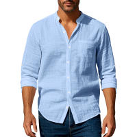 Camisa de lino de primavera y otoño, manga larga, cuello alto, transpirable, pegatina informal, camisa de bolsillo, hombres - details 6
