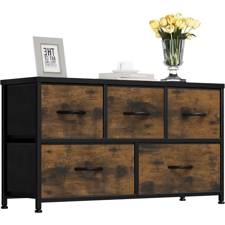 Cajonera de Tela, Cómoda de Tela, Unidad de Almacenamiento de Tela, con 5 cajones Extraíbles, Cómoda de para Sala de Estar, Dormitorio, habitación Infantil, Negro y Gris - 1