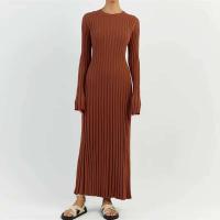 Vestido elegante de punto acanalado de manga larga con cuello redondo y cintura larga para mujer, estilo vintage de los años 90 - details 7