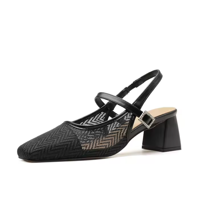 Sandalias de tacón alto para mujer, verano, nueva malla transpirable, tacón grueso, punta cuadrada, moda, para ir al trabajo, estilo francés, tacón medio, zapatos individuales. - 1