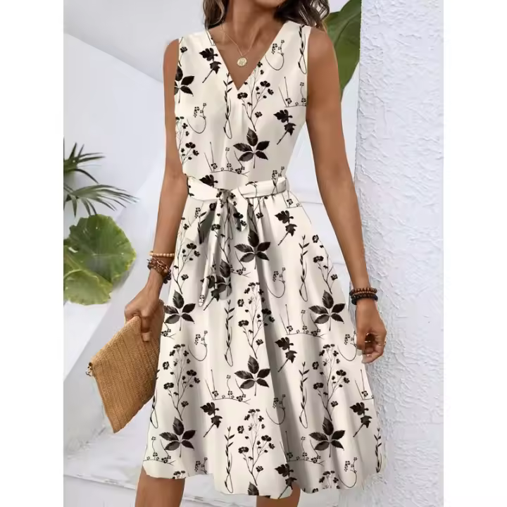 Vestido casual de verano para mujer 2025temu con cuello en V, sin mangas y estampado. - 1