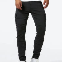 Jeans de Cargo de Denim Pantalones Casuales para Hombres de Cintura Media, Ajuste Delgado, Múltiples Bolsillos, Color Sólido - details 8