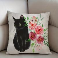 1 Funda De Cojín Cuadrada De Lino Y Algodón Con Diseño De Gato Negro Y Flores De Acuarela (18,0X18,0 pulgadas) - details 0