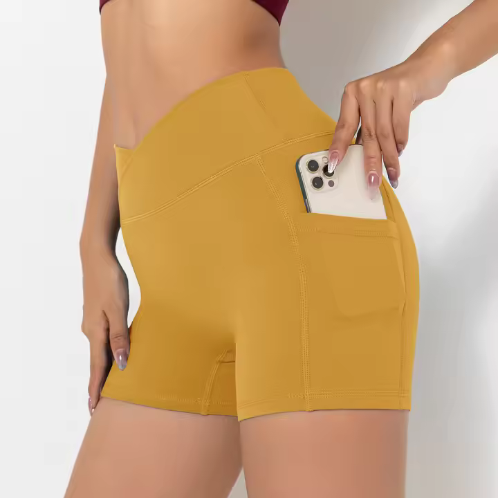 Pantalones cortos de gimnasio para mujer, yoga con bolsillo, leggings Fiess, pantalones cortos de cintura alta - 1