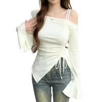 Dulce cinta con cordón blanco fuera del hombro Top mujeres básico manga larga cuerpo camiseta elegante manga acampanada señora camisetas - details 0