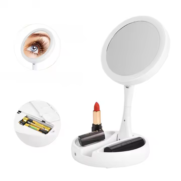 LZ1217 Espejo Cosmético Iluminado 1/10x - Espejo de aumento conveniente para llevar, espejo de baño con iluminación LED en tres colores, rotación de 360°, ideal para afeitarse, depilarse y recortar cejas, redondo. - 1