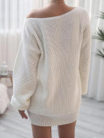Vestido suéter ose de manga g para mujer con cuello oblicuo, minivestido de punto informal, color sólido, - details 4