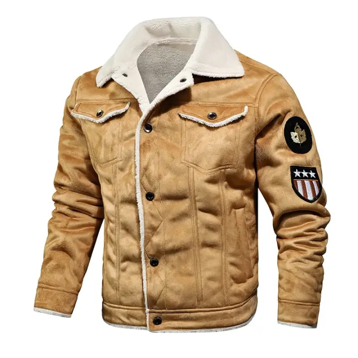 Chaqueta Bomber de Cuero con Asa Retro Abrigo de Piloto de Velo de Piel Engrosada con Forro de Piel Sintética Negro y Marrón - 1