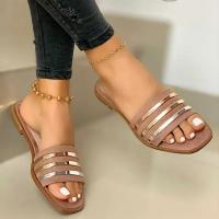 Zapatillas planas a rayas de Metal para mujer, zapatos de verano a la moda, sandalias informales para exteriores, talla grande 43 - details 3