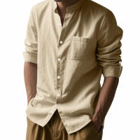 Camisa de lino de primavera y otoño, manga larga, cuello alto, transpirable, pegatina informal, camisa de bolsillo, hombres - details 4