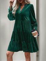 Otoño e Invierno suelto Color sólido con cuello en V vestidos de manga larga para mujer nuevo en elegante Retro Casual Midi vestido femenino - details 5