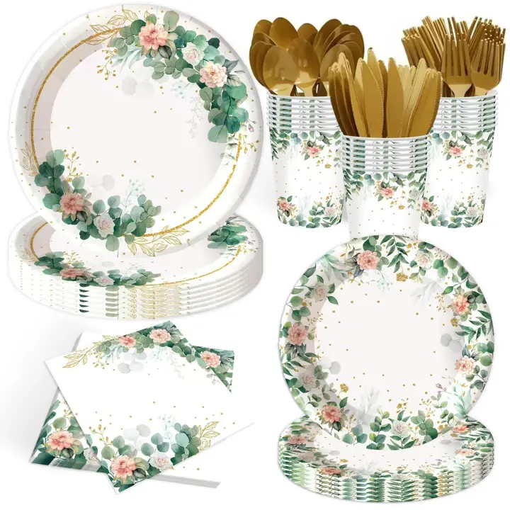 Juego de Vajilla Desechable de 140 Piezas en Verde Menta Ideal para Fiestas de Boda, Baby Shower, Cena Suministros de Fiesta - 1