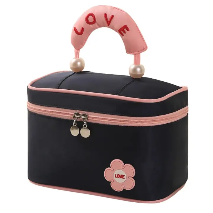 Bolsa de maquillaje para mujer de alta belleza a la moda, bolsa de cosméticos de mano cuadrada de gran capacidad, bolsa de aseo de viaje con doble cremallera y perlas para mujer - 1