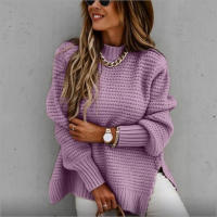Autumn winter women knitted sweater loose warm elegant solid batwing sleeve side split pullovers - details 9