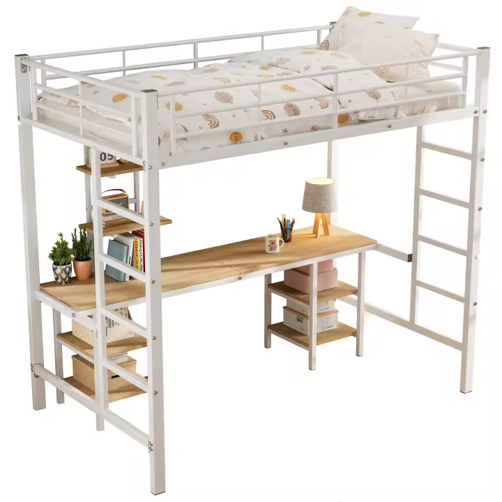 Cama para Niños con Estructura de Hierro Litera con Mesa y Estantes Adecuada para Niños y Adolescentes Cama Infantil con Escalera Lateral Protección contra Caídas Hierro MDF Blanco 90x200cm (Sin Almohada) - 1