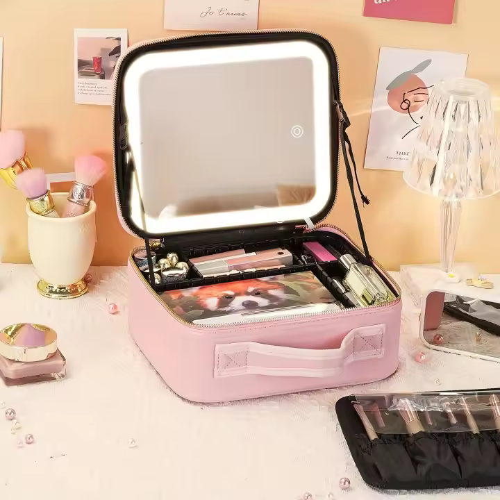 Neceser de maquillaje con espejo y luz de 3 colores, neceser de viaje con espejo portátil, organizador de maquillaje iluminado - 1