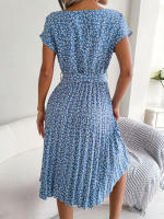 Spring Summer Women Short Sleeve Pleated Long Dress Elegant High Waist Floral Fashion A-line Dress - details 7