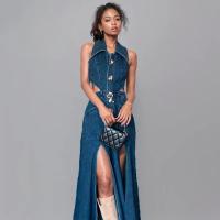 Vestido vaquero largo sin mangas para mujer, traje Sexy con abertura lateral, cuello vuelto, novedad de verano 2024 - details 21