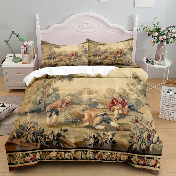 Juego de funda nórdica antigua Aubusson, juego de ropa de cama King Queen doble, tamaño individual - 1