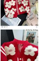 Flor flocada Nuevo cárdigan de punto rojo diseño de mujer nuevo suéter elegante de gama alta con cuello en V abrigo suéter - details 20