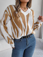Jersey con cuello en V para mujer, suéter de manga larga con patrón geométrico de contraste, hilo de rosca, Tops informales de punto, otoño e invierno, 2023 - details 10
