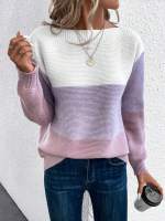 Elegant Three-color Patchwork Sweater Women Daily Commuter Casual Loose Jumpers Female Autumn Winter Knitted Thickened Warm Tops - details 0