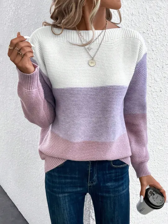 Suéter elegante de retales de tres colores para mujer, jerséis holgados informales para ir al trabajo a diario, Tops cálidos gruesos de punto para mujer para Otoño e Invierno - 1