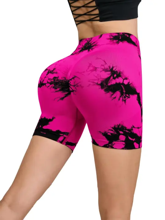 Pantalones deportivos sin costuras teñidos con lazo para mujer, pantalones cortos deportivos ajustados de cintura alta y levantamiento de cadera para correr, pantalones cortos sexys de melocotón para Fitness y Yoga - 1