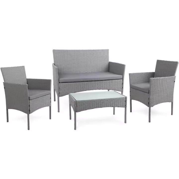 Conjunto de Jardín de Resina Tejido en Gris 4 Piezas: Sofá, Sillones, Mesa de Centro - 1