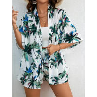 Estampado vacacional elegante blusa de dos piezas manga corta top con cordones talle alto shorts blaster - details 9