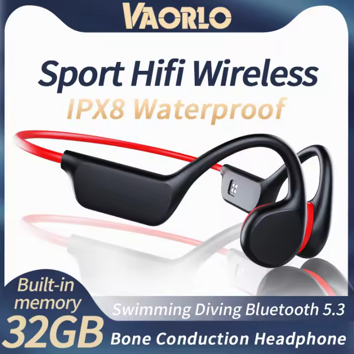 VAORLO Auriculares de conducción ósea para natación, audífonos inalámbricos con Bluetooth, reproductor MP3 impermeable IPX8 con memoria de 32G, Hifi, gancho para la oreja, deportivos - 1