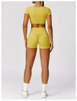 Conjunto de mallas de yoga, top, conjunto deportivo Fiess de manga corta, material de nailon para mujer, patrón sólido adaptable para primavera/verano - details 8