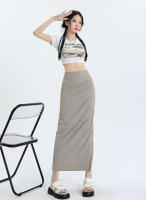 Lucyever-Falda larga ajustada de cintura alta para mujer, faldas Midi con abertura lateral, estilo coreano, Y2K - details 4