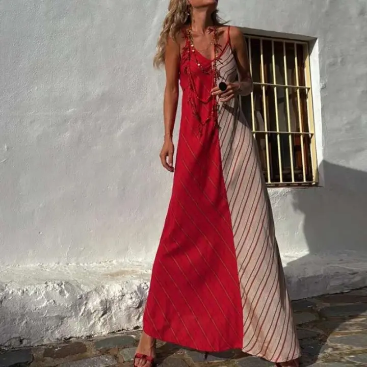 Fiesta minorista de moda de verano con tirantes finos y estampado sin espalda, vestido elegante sencillo sin mangas para mujer 2025 - 1