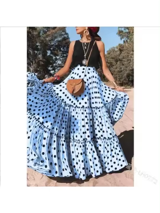 Falda Larga con estampado de Lunares para Mujer, Falda Plisada de Cintura Alta, talla Grande, para Verano, S-5XL - 1