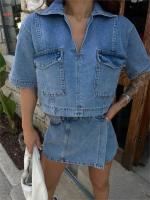 Ropa de trabajo Traje de mezclilla Falda Pantalones Top de manga corta Verano Mujer Chica caliente Cintura alta Irregular - details 8