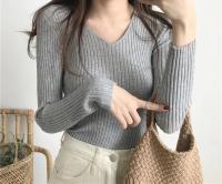Suéter Sexy ajustado con cuello en V para mujer Manga larga de punto con parte inferior suave - details 28