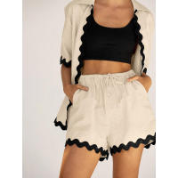 Conjunto de dos piezas de camisa de manga corta con botones y pantalones cortos holgados casuales de moda para mujer, primavera verano. - details 12