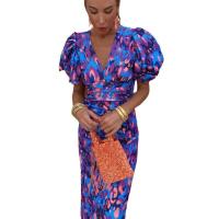 Vestido de Verano 2025 para Mujer Estampado Azul, Cuello en V, Ajuste Delgado, Envoltura de Cadera, Manga Corta - details 0