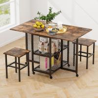 Comedor Expandible de 3 Piezas, Plegable con Hojas Abatibles con 2 Taburetes, Ruedas con Bloqueo, 2 Estantes de Almacenamiento de Malla, para Espacios Pequeños - details 2