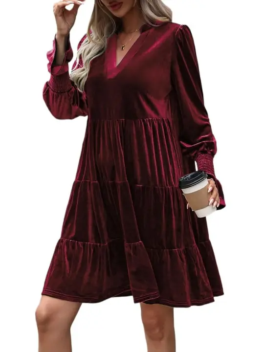 Otoño e Invierno suelto Color sólido con cuello en V vestidos de manga larga para mujer nuevo en elegante Retro Casual Midi vestido femenino - 1