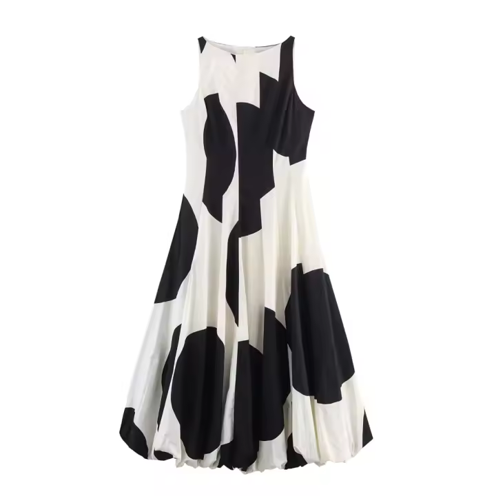 Vestido de Globo Contrastante sin Mangas Impresión a Negro y Blanco Nueva Moda de Verano para Mujeres - 1