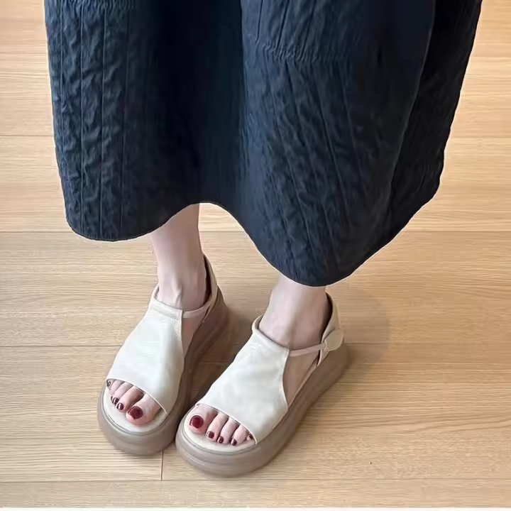 Cuero suave ~ Casual con aumento de altura y suela gruesa para mujer Sandalias versátiles impresionantes de verano - 1